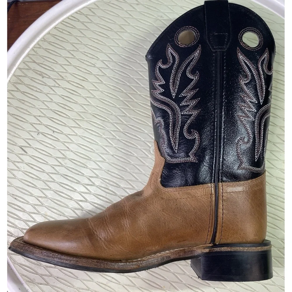Old West Boys Leather Western Cowboy Kids Riding Boots Brown&Black Youth Sz.2 D‎